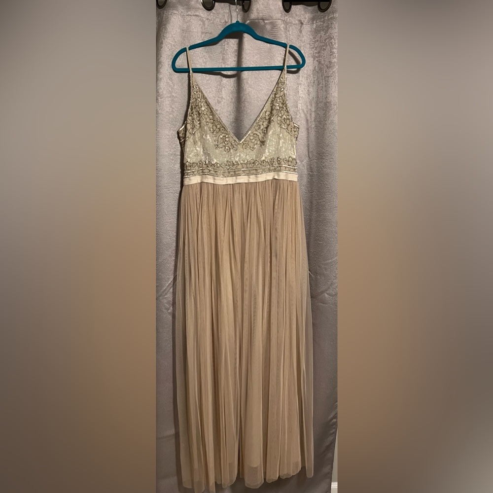 BHLDN nude dress with adjustable straps, sequins, floor length
